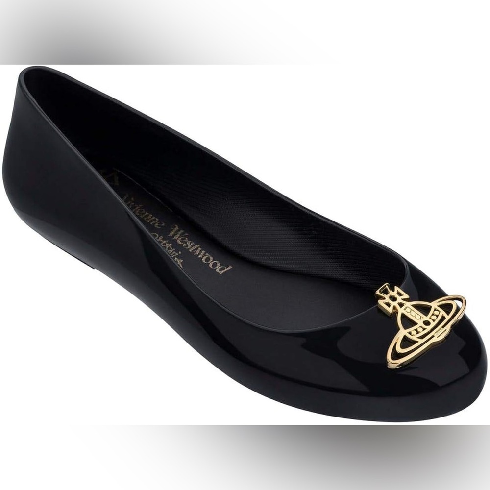 Melissa Women's Black Jelly Ballet Flat with Gold Orb Emblem